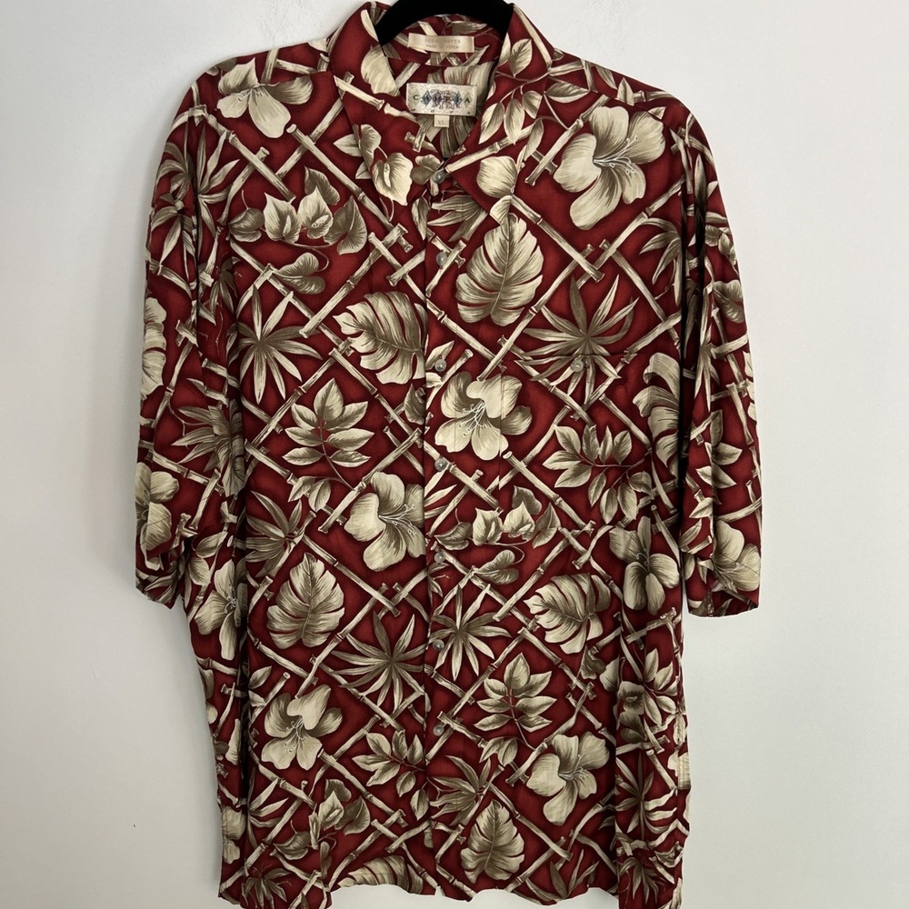 Campus Moda Red Hawaiian Tropical Button Front Men's Shirt Large 100% Rayon